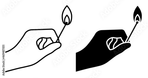Linear icon. Man hand holds burning match. Careful handling of fire. Simple black and white vector isolated on white background
