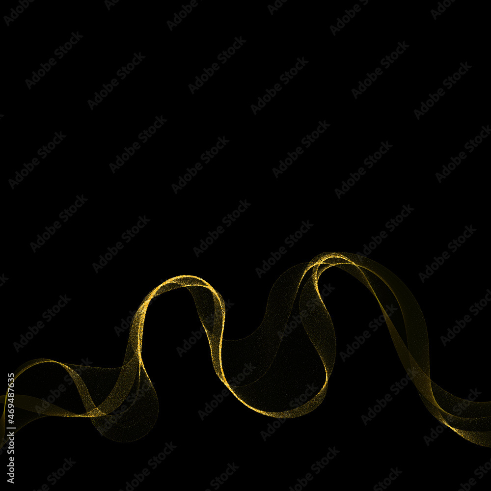 Abstract dark background with fire or gold curves. Light line gold swirl effect. glitter light fire flare with sparkling particles on black background. Magic sparkle swirl magic effect. eps 10