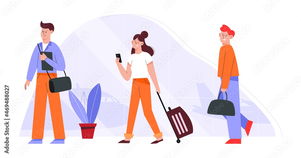 Passengers in the waiting room are queuing at the international airport. Vector illustration in flat style. People with luggages waiting flight.
