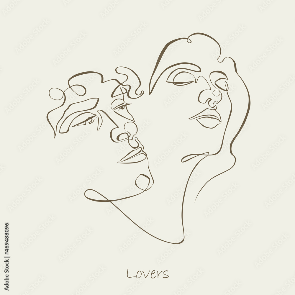Couple faces. One line drawing. Continuous line. Sensual love Couple faces. One line drawing. Continuous line. Sensual love