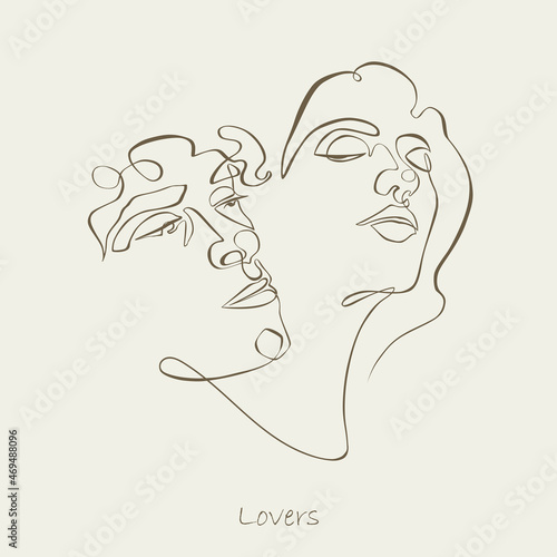 Couple faces. One line drawing. Continuous line. Sensual love
