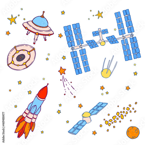 Illustration of space objects, UFO, flying saucer, satellite, rocket, stars, asteroid belt, space station, spaceship, comet and planet. Vector drawing isolated on white background.