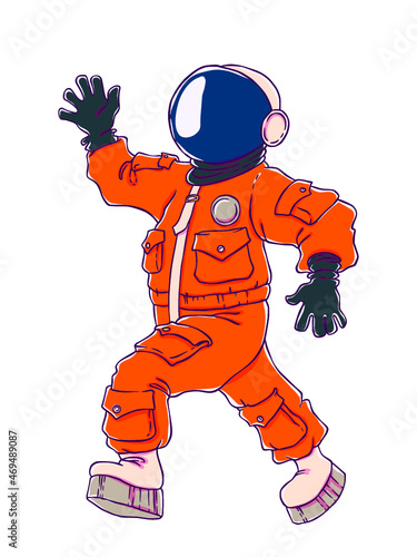 Illustration of a walking and greeting the astronaut in orange space suit and mask. Vector drawing isolated on white background. T-shirt printing.