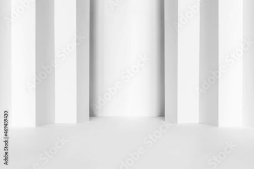 Abstract white 3d studio background for product presentation. Empty gray room with shadows of window. Display product with blurred backdrop.