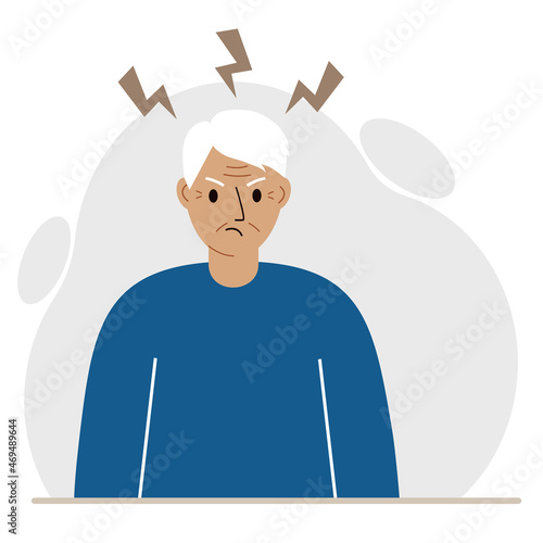Furious angry granddad in a rage. An angry granddad with an aggressive expression on his face. Lightning flies out of anger.