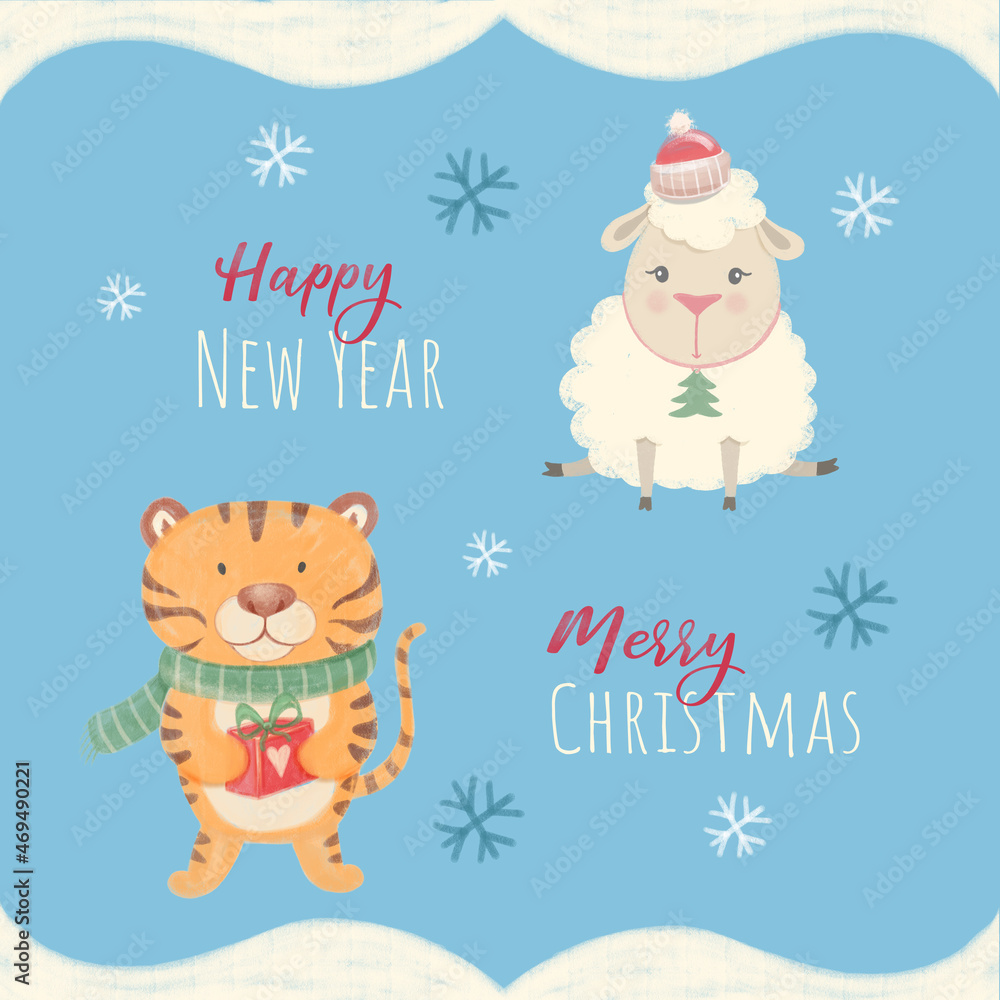 Christmas tiger and lamb. Christmas card animal. New Year card with lamb and tiger. Hand drawing watercolor illustration Christmas tiger and lamb Christmas tiger and lamb. Christmas card animal. New Year card with lamb and tiger. Hand drawing watercolor illustration Christmas tiger and lamb