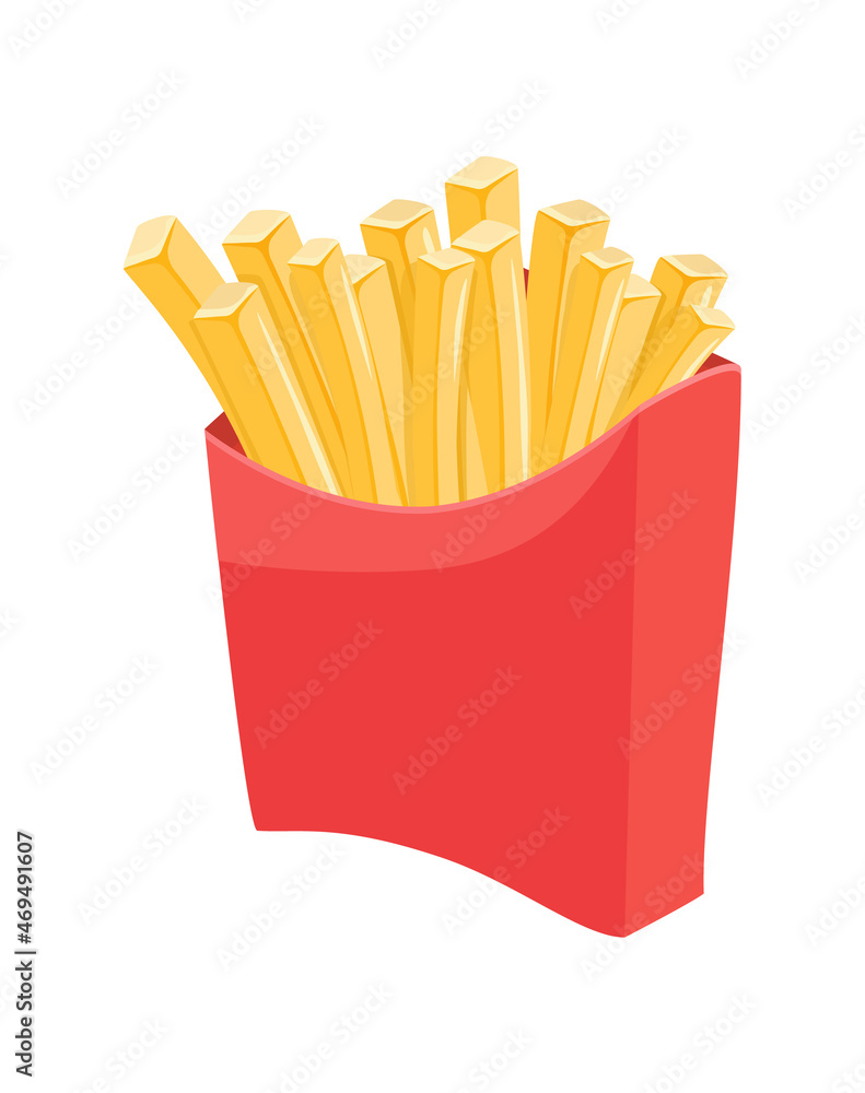 French fries in red box. Carton package fried salty potatoes, crispy  american potato cardboard fast food paper pack, cartoon vector illustration  Stock Vector | Adobe Stock