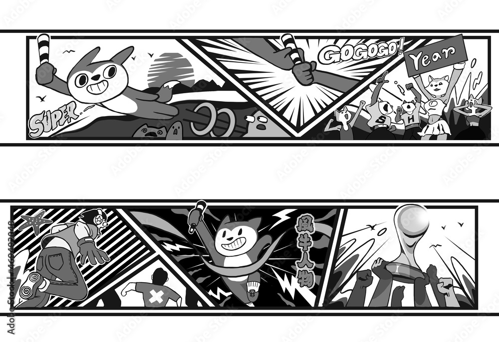 Fototapeta premium Skateboarding, surfing, comics, cartoons, fun, cool, vitality, trend, trendsetter, fashion, youth, activity, vitality, summer, good, powerful, dynamic, sports,