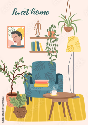Stay at home. Cozy room interior. Vector illustration.