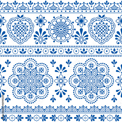 Scandinavian folk art blue vector seamless textile or fabric print, ncute repetitve design with flowers inspired by lace and embroidery backgrounds
 photo