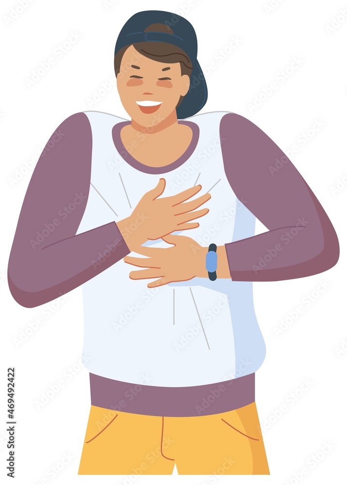 Guy in cap laughs. Giggle weird people, adult attractive man laughing, cartoon funny character, loud joy joke, hahaha lol, vector illustration Guy in cap laughs. Giggle weird people, adult attractive man laughing, cartoon funny character, loud joy joke, hahaha lol, vector illustration