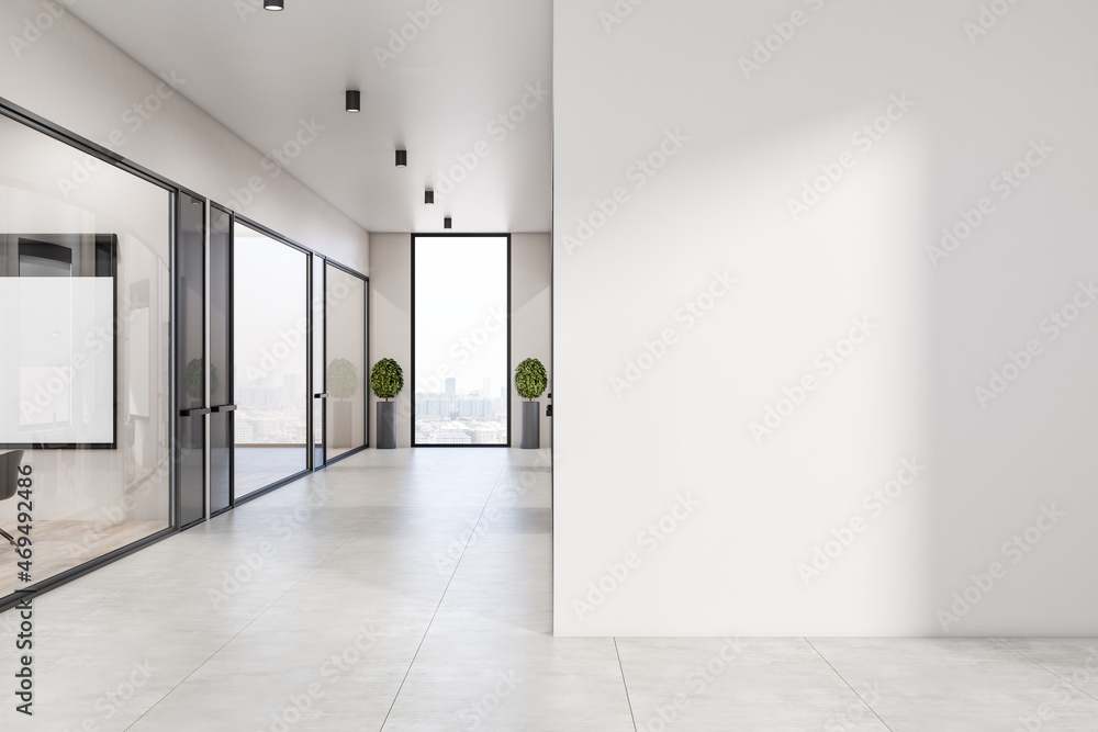 Modern white concrete office interior corridor with empty mock up place on wall, glass, partition and furniture, daylight, window with city view. Workplace concept. 3D Rendering. - obrazy, fototapety, plakaty 