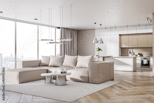 Bright concrete and wooden kitchen studio interior with window and city view, daylight, furniture and white couch. Design, home and apartment concept. 3D Rendering.