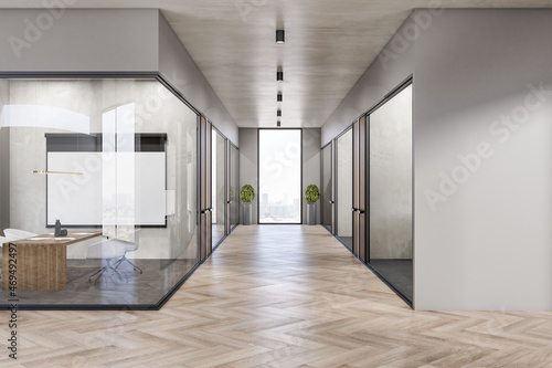 Expensive concrete and wooden office interior corridor with glass partition and furniture, daylight, window with city view. Workplace concept. 3D Rendering.
