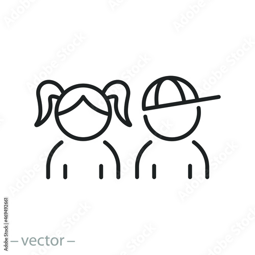 children toilet icon, girl and boy, silhouette child or kid restroom, thin line symbol - editable stroke vector illustration