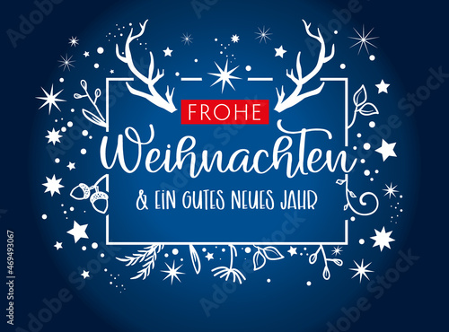 Frohe Weihnachten Kalligraphie. Grußkarte mit Ornamneten und Geweih auf blauem Hintergrund. Deutscher Text