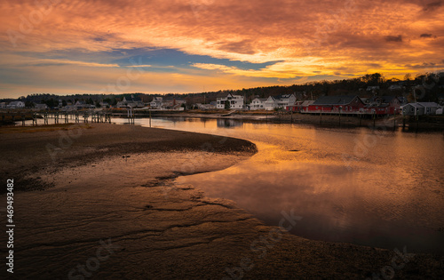 Sunset Seascape over the South River in Humarick, Massachusetts, at low tide. The view from The Sea Street bridge.
