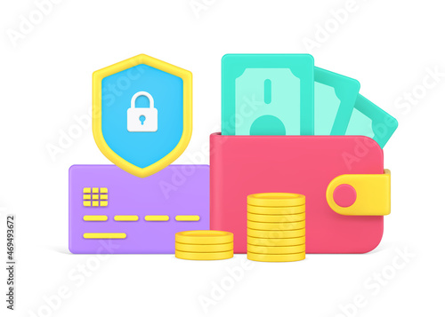 Banking financial security money protect with cash wallet and credit card emoney 3d icon isometric