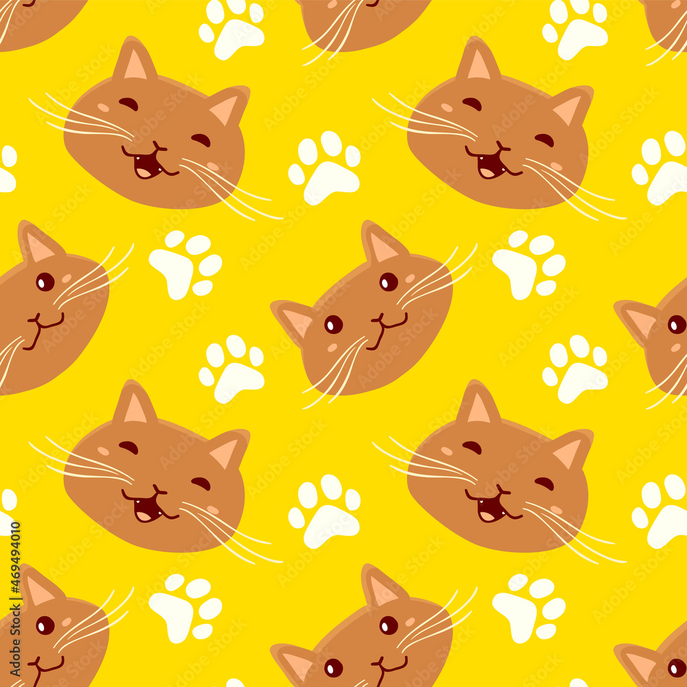 Vector illustration with head of happy cute cat character on yellow color background with paw print. Flat style seamless pattern design of animal cat