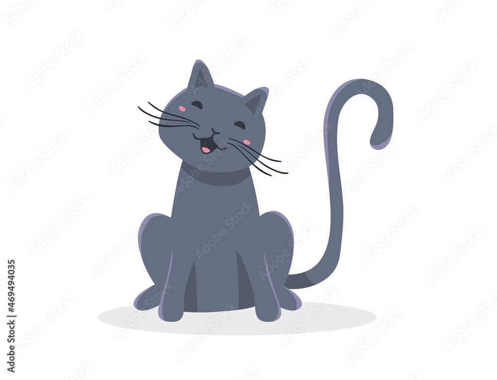 Obraz premium Vector illustration of happy cute gray cat character on white color background with shadow. Flat style design of sitting animal cat