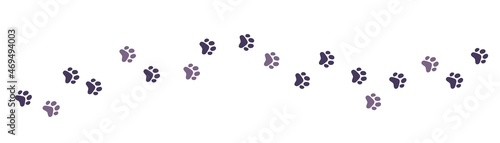 Vector illustration of path of animal paw print on white color background. Flat style design of seamless pattern with cat paw