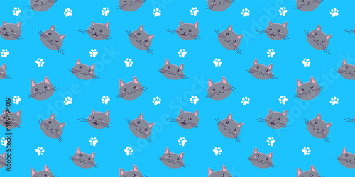 Fototapeta Naklejka Na Ścianę i Meble -  Vector horizontal illustration with head of happy cute cat character on blue color background with paw print. Flat style seamless pattern design of animal cat