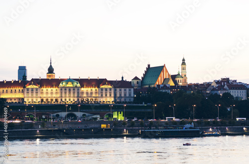 POLAND, WARSAW: Evening scenic cityscape view of city old center with Vistula river 
