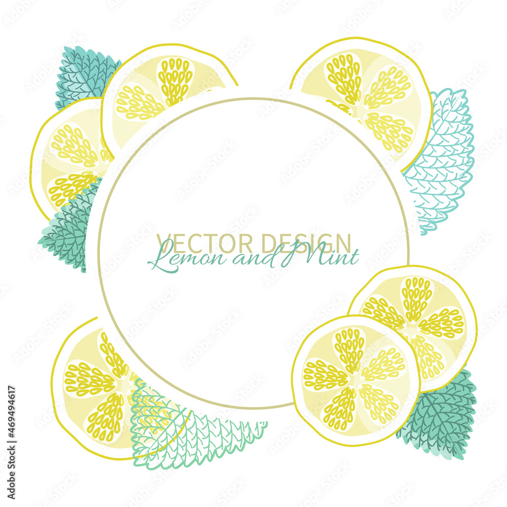 Naklejka premium Banner with lemon slices and mint leaves frame.