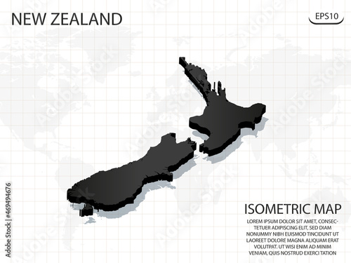 3D Map black of New Zealand on world map background .Vector modern isometric concept greeting Card illustration eps 10.