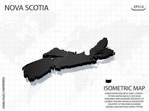 3D Map black of Nova Scotia on world map background .Vector modern isometric concept greeting Card illustration eps 10.