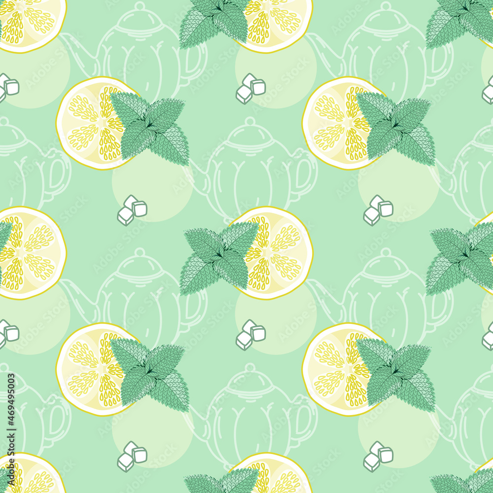 lemon slices and mint leaves. Seamless pattern