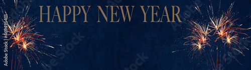 Silvester 2022 New year background banner panorama long- firework fireworks on rustic dark blue night sky texture..