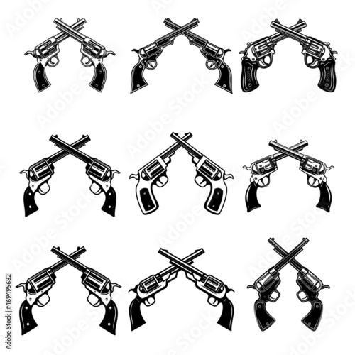 Big set of crossed revolvers. Design element for logo, emblem, sign, poster, t shirt. Vector illustration