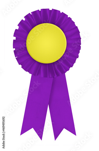 Circular pleated purple winners rosette made of ribbon with blank yellow center for applying a design to. Captured on a blank white background. Uses colors of UKIP (United Kingdom Independence Party). © Lawrey
