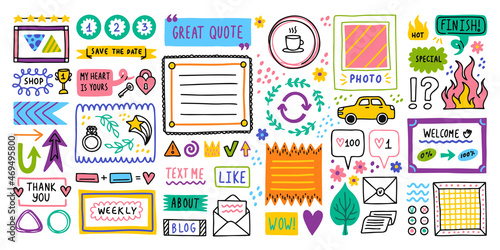 Big set. Diary bullet cute journal border elements. Note icon, sticker for school. Vector illustration