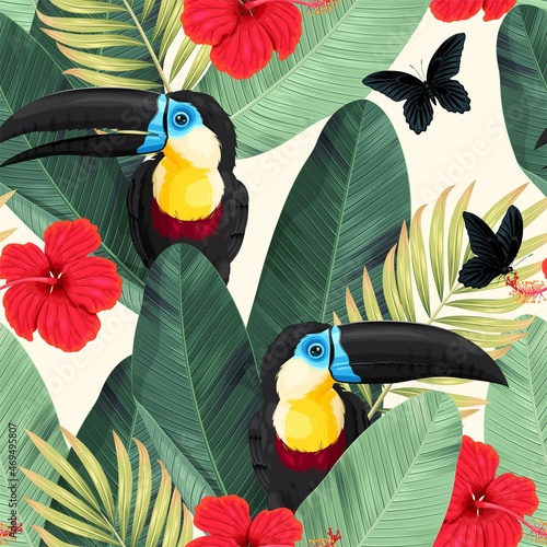 Vector seamless pattern with toucans and flowers