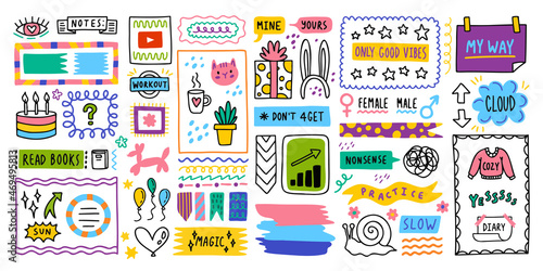 Big set. Diary bullet cute journal border elements. Note icon, sticker for school. Vector illustration
