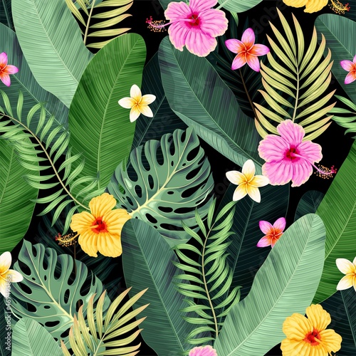 Vector seamless pattern with hibiscus and palm
