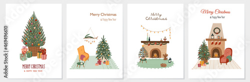 Set of Merry Christmas and Happy New Year cards templates decorated with a Christmas tree and boxes with gifts.