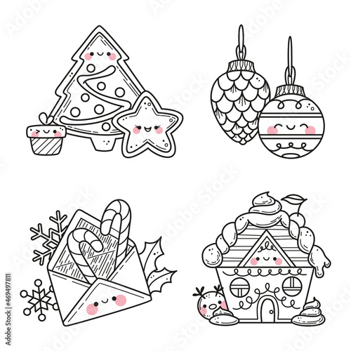 Set of christmas elements in kawaii doodle style
