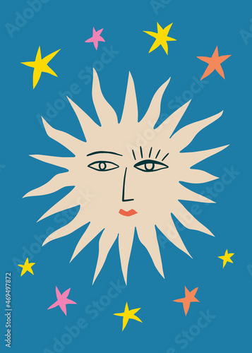 Sun and stars boho naive funky handdrawn style art