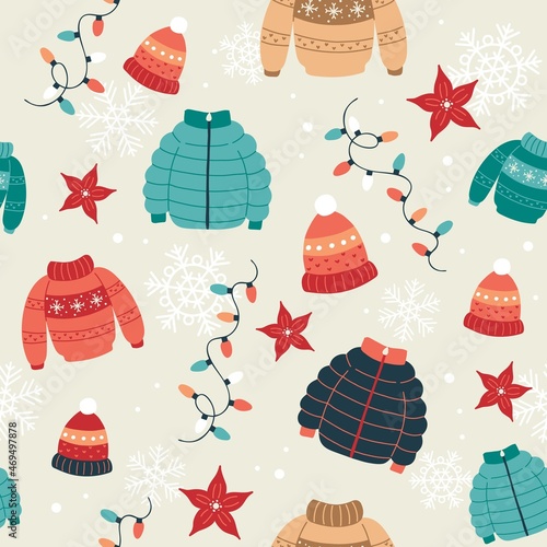Christmas pattern with sweaters, winter coats, hats and lights. Festive background with hand drawn elements, vector illustration