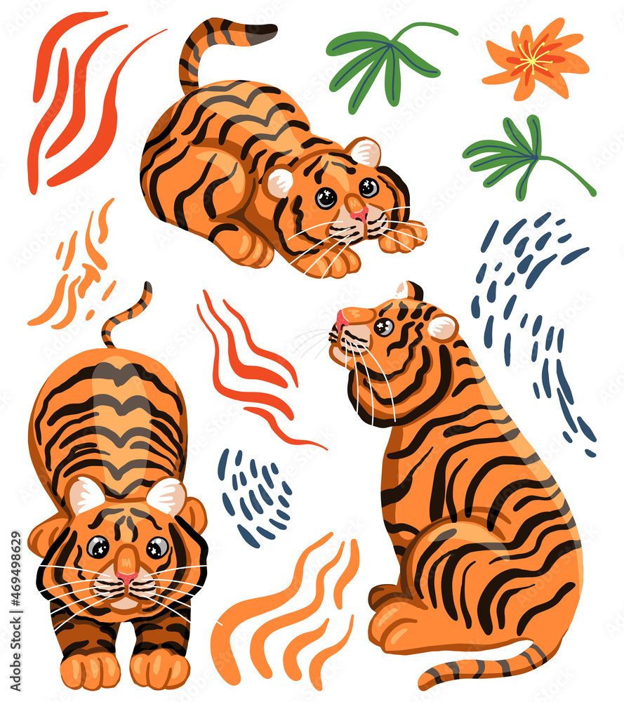 Collection of funny tigers. Eastern calendar symbol. Colorful vector illustration in scandinavian style. Abstract cartoon animals cliparts isolated on white. Collection of funny tigers. Eastern calendar symbol. Colorful vector illustration in scandinavian style. Abstract cartoon animals cliparts isolated on white.