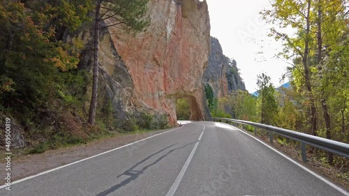 Tunnel hole at Serrania de Cuenca near Cuenca and Fuertescusa. Door to hell, Puerta del Infierno, Tuneles excavados en roca del Rio Escabas, Spain Europe. photo