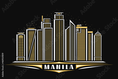 Vector illustration of Manila, dark horizontal poster with linear design famous manila city scape on dusk starry sky background, asian urban line art concept with decorative lettering for word manila. photo