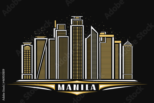 Vector illustration of Manila, dark horizontal poster with linear design famous manila city scape on dusk starry sky background, asian urban line art concept with decorative lettering for word manila.