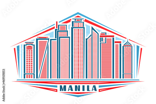 Vector illustration of Manila, horizontal logo with linear design famous manila city scape on day sky background, asian urban line art concept with decorative lettering for blue word manila on white.