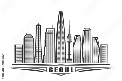 Vector illustration of Seoul, monochrome horizontal poster with linear design famous seoul city scape, urban line art concept with unique decorative lettering for black word seoul on white background. photo