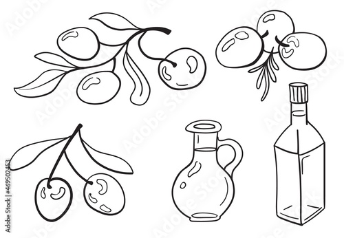 Hand drawn set of olives, leaves and olive oil bottles