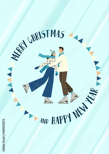 Wallpaper Mural Christmas card of a couple in love on a skating rink in winter. Vector illustration in retro style. Merry Christmas and Happy New Year. Design elements for printing on cards and banners Torontodigital.ca